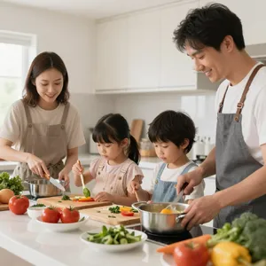A family cooking together in a kitchen, each person busy with a different task. - Alibaba Z-Image Turbo