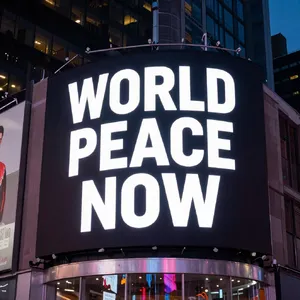 A large storefront billboard at Times Square displaying the slogan “WORLD PEACE NOW” in bold, clear letters, amidst a vibrant cityscape at night. - Alibaba Z-Image Turbo