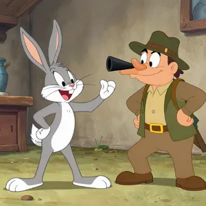 A Looney Tunes-inspired cartoon scene of a clever rabbit tricking a hunter. - Alibaba Z-Image Turbo