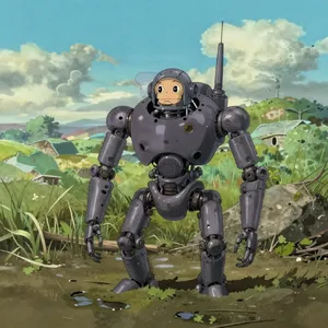 A mechanical creature in a polluted landscape. Capture the visual aesthetic of 'Nausicaä' by Studio Ghibli, with Miyazaki's mechanical designs and environmental contrast. - Alibaba Z-Image Turbo