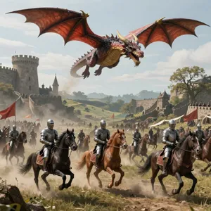 A medieval battlefield with knights on horseback and a dragon flying overhead. - Alibaba Z-Image Turbo