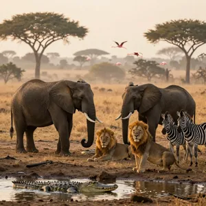 A misty dawn at an African savanna watering hole where elephants, lions, and zebras coexist in tense harmony, with a crocodile partially submerged in the foreground and flamingos taking flight in the background, golden hour lighting. - Alibaba Z-Image Turbo