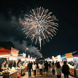 A nighttime festival with fireworks in the sky, food stalls lined up, and crowds mingling. - Alibaba Z-Image Turbo