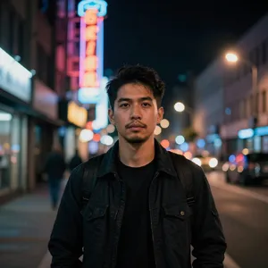 A nighttime portrait of a man lit by neon signs on a city street. - Alibaba Z-Image Turbo