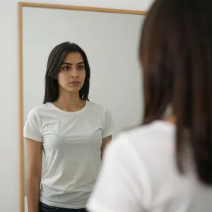 A person standing before a mirror, with their front and reflected back both visible. - Alibaba Z-Image Turbo