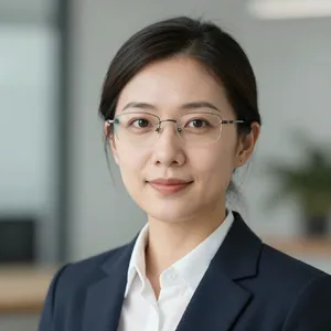 A professional headshot of a businesswoman wearing glasses, against a blurred background. - Alibaba Z-Image Turbo