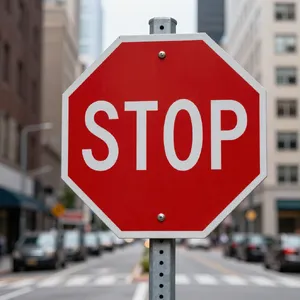 A red stop sign on a street corner displaying the word 