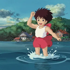 A sea creature rising from a stormy ocean near a village. Replicate the visual style of 'Ponyo' by Studio Ghibli, with Miyazaki's fluid water animations and vibrant creatures. - Alibaba Z-Image Turbo