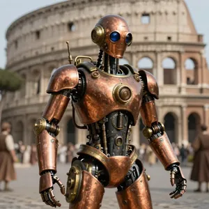 A steampunk robot time-traveling in ancient Rome, depicted in a detailed cinematic style that blends historical accuracy with copper and brass retrofuturistic aesthetics. - Alibaba Z-Image Turbo