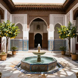 A traditional Moroccan riad courtyard with detailed zellige tilework, flowing fountain, citrus trees, and ornate woodwork. Morning light casting intricate shadow patterns. - Alibaba Z-Image Turbo