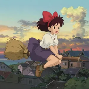 A young witch flying on a broomstick above a coastal town at sunset. Exact art style of 'Kiki's Delivery Service' by Studio Ghibli, with Miyazaki's character design and warm colors. - Alibaba Z-Image Turbo