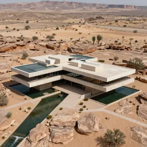 Aerial view of a modernist desert home, in the style of Frank Lloyd Wright's Fallingwater but adapted to desert conditions. Show integration with rocky landscape and water features. - Alibaba Z-Image Turbo