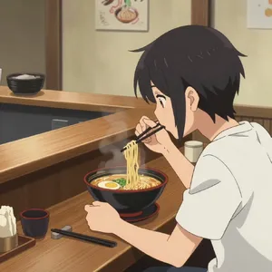 An anime scene of a character eating ramen at a small shop counter (slice-of-life style). - Alibaba Z-Image Turbo