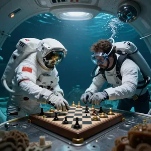 An astronaut and a deep-sea diver playing chess together inside a submarine. - Alibaba Z-Image Turbo
