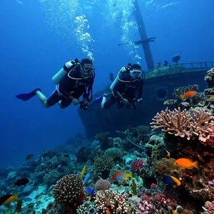 An underwater scene with scuba divers exploring a coral reef alongside colorful fish and a sunken ship. - Alibaba Z-Image Turbo