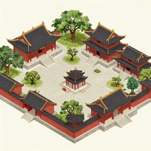 Isometric architectural illustration of an ancient Chinese temple complex showing multiple pavilions, gardens, and ceremonial spaces. Include proper roof structures and traditional ornamentation. - Alibaba Z-Image Turbo