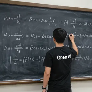 Photorealistic depiction of a man wearing a clearly visible black OpenAI-branded T-shirt. He is standing at the front of a university lecture hall, writing complex mathematics and AI-related equations across a large, dusty chalkboard filled with notation - Alibaba Z-Image Turbo