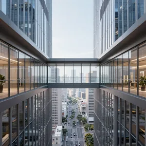 Photorealistic rendering of a contemporary glass skybridge between two skyscrapers, seen from inside with city views visible through glass walls and floor. Show accurate reflections and structural details. - Alibaba Z-Image Turbo