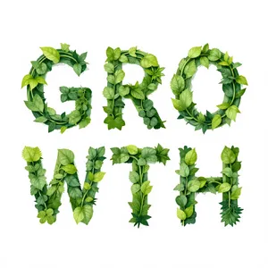 The word 'GROWTH' visualized using stylized plant vines organically forming the letters, green tones, white background, graphic design. - Alibaba Z-Image Turbo