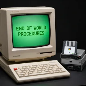 Vintage Apple II computer with green monochrome CRT screen, displaying 'END OF WORLD PROCEDURES' in green text. Two external floppy drives stacked on the right, labeled disk II with rainbow Apple logos. Beige casing, black background, retro aesthetic. - Alibaba Z-Image Turbo