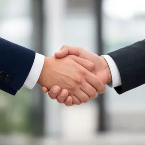 A close-up of two people shaking hands, both hands fully visible with five fingers each, in sharp focus against a blurred background. - Reve Reve 2.1