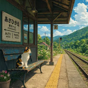 A countryside train station with a cat waiting on a bench. Rendered in Studio Ghibli animation style with Miyazaki's watercolor backgrounds and hand-drawn quality. - Reve Reve 2.1