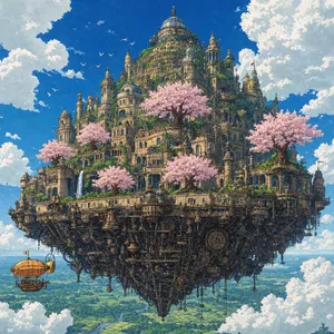 A floating steampunk castle in the sky with intricate mechanical gears and cherry blossom trees, illustrated in Hayao Miyazaki's Castle in the Sky (1986) art style with watercolor textures and detailed line work. - Reve Reve 2.1