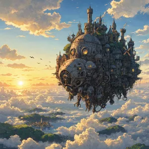 A flying castle floating in clouds at sunrise. Match the visual aesthetic of 'Howl's Moving Castle' by Studio Ghibli, with Miyazaki's blend of steampunk elements and fantasy. - Reve Reve 2.1