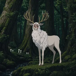 A forest spirit standing among tall trees. Replicate the artistic style of 'Princess Mononoke' by Studio Ghibli, with Miyazaki's detailed environments and mystical creature design. - Reve Reve 2.1