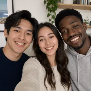 A group selfie of three friends of different ethnic backgrounds smiling at the camera. - Reve Reve 2.1