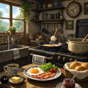 A kitchen with magical cooking implements preparing breakfast. Duplicate the artistic style of Studio Ghibli's domestic scenes, with Miyazaki's detailed settings and warm lighting. - Reve Reve 2.1