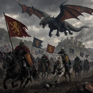 A medieval battlefield with knights on horseback and a dragon flying overhead. - Reve Reve 2.1