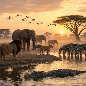 A misty dawn at an African savanna watering hole where elephants, lions, and zebras coexist in tense harmony, with a crocodile partially submerged in the foreground and flamingos taking flight in the background, golden hour lighting. - Reve Reve 2.1
