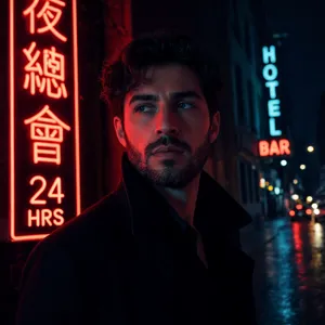 A nighttime portrait of a man lit by neon signs on a city street. - Reve Reve 2.1