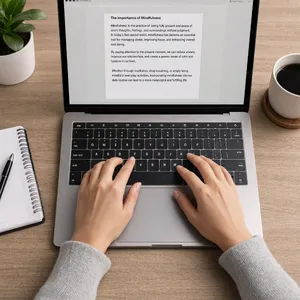 A person typing on a laptop keyboard, showing both hands on the keys. - Reve Reve 2.1