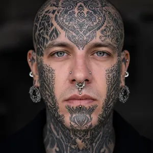 A portrait of a person with elaborate facial tattoos and piercings, shown in sharp detail. - Reve Reve 2.1