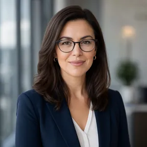 A professional headshot of a businesswoman wearing glasses, against a blurred background. - Reve Reve 2.1