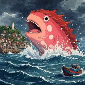 A sea creature rising from a stormy ocean near a village. Replicate the visual style of 'Ponyo' by Studio Ghibli, with Miyazaki's fluid water animations and vibrant creatures. - Reve Reve 2.1
