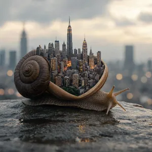 A snail whose shell contains a miniature city skyline, depicted in a hyperrealistic macro photography style with intricate architectural details and ambient lighting. - Reve Reve 2.1