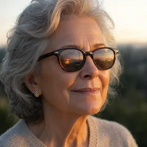 A ultra high-resolution portrait of an elderly woman with silver hair and bifocal glasses, each lens reflecting a distant landscape, captured in warm late-afternoon sunlight - Reve Reve 2.1