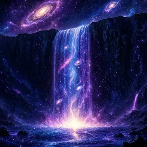 A waterfall that pours out stars and galaxies instead of water, illustrated in a cosmic fantasy style with vibrant space colors and dramatic lighting effects. - Reve Reve 2.1