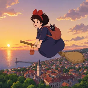 A young witch flying on a broomstick above a coastal town at sunset. Exact art style of 'Kiki's Delivery Service' by Studio Ghibli, with Miyazaki's character design and warm colors. - Reve Reve 2.1
