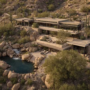 Aerial view of a modernist desert home, in the style of Frank Lloyd Wright's Fallingwater but adapted to desert conditions. Show integration with rocky landscape and water features. - Reve Reve 2.1
