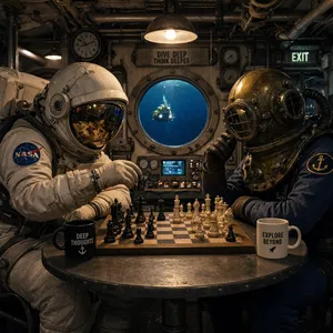 An astronaut and a deep-sea diver playing chess together inside a submarine. - Reve Reve 2.1