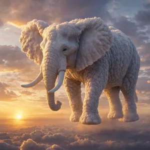 An elephant made of clouds floating in a sunset sky, rendered in a surrealist photorealistic style with ethereal golden lighting and atmospheric depth. - Reve Reve 2.1