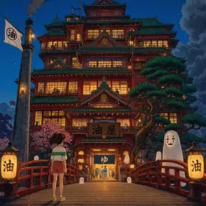An enchanted bathhouse with glowing lanterns and spirits. Recreate the visual style of 'Spirited Away' by Studio Ghibli, with Miyazaki's ornate architecture and magical atmosphere. - Reve Reve 2.1