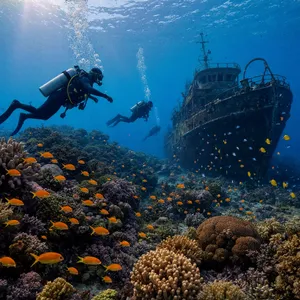 An underwater scene with scuba divers exploring a coral reef alongside colorful fish and a sunken ship. - Reve Reve 2.1