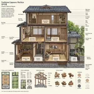 Cutaway architectural drawing of a traditional Japanese machiya townhouse showing all rooms and structural elements. Include accurate proportions, traditional joinery, and typical spatial organization. - Reve Reve 2.1