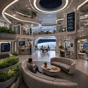 Interior of a futuristic space habitat with hydroponics gardens, communal areas, and living quarters. Show curved walls, artificial gravity considerations, and multipurpose furniture designs. - Reve Reve 2.1