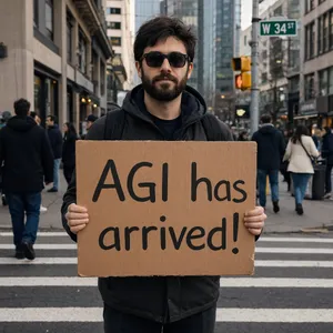 Photorealistic daytime street photograph, clearly showing a man standing still on a busy urban street corner holding a rectangular cardboard sign clearly facing camera, handwritten bold black marker text clearly readable as 